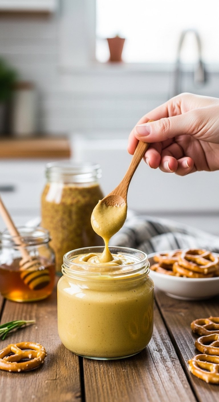 Smooth Golden Yellow Homemade Honey Mustard In A Glass Jar With A Dipping Spoon.