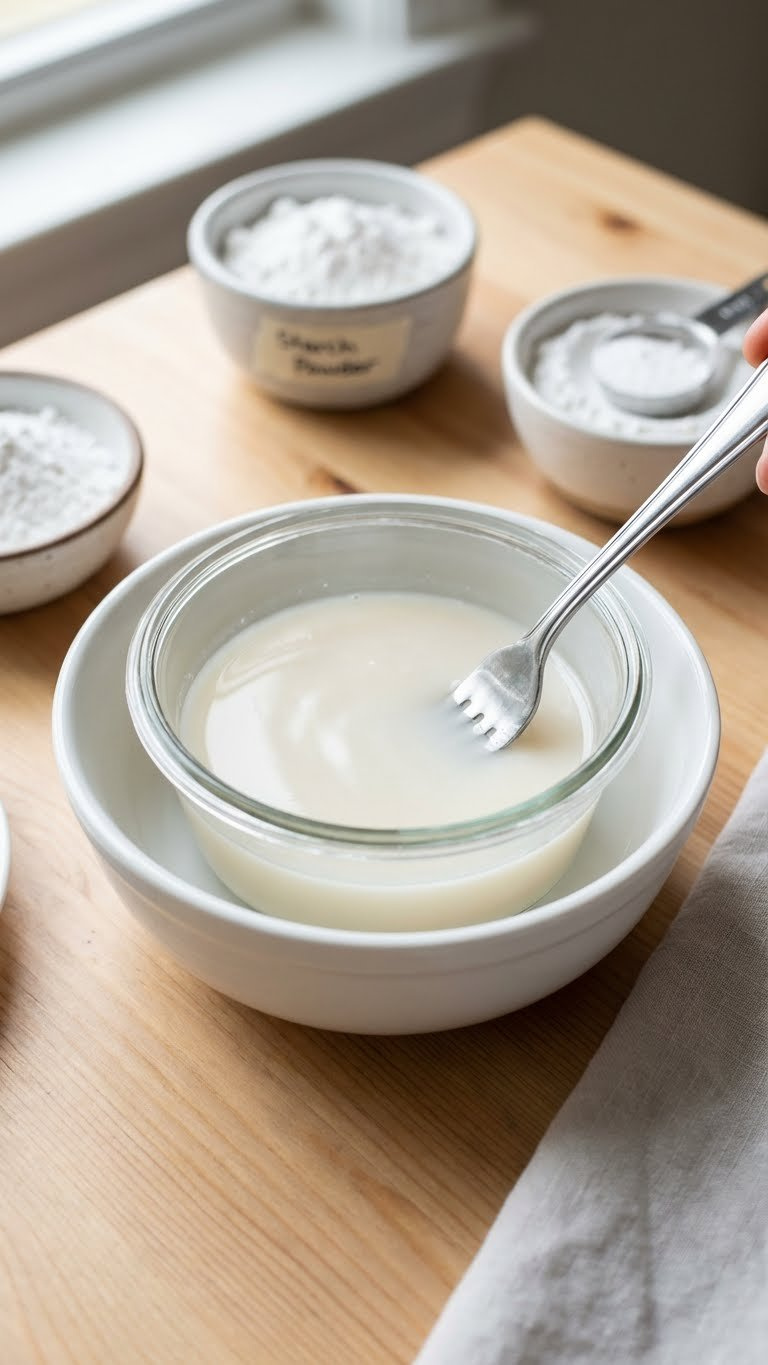 Smooth, Opaque Starch Slurry (Arrowroot/Potato Starch And Water) Stirred With A Fork In A Ceramic Dish. Vegan Thickening Agent.