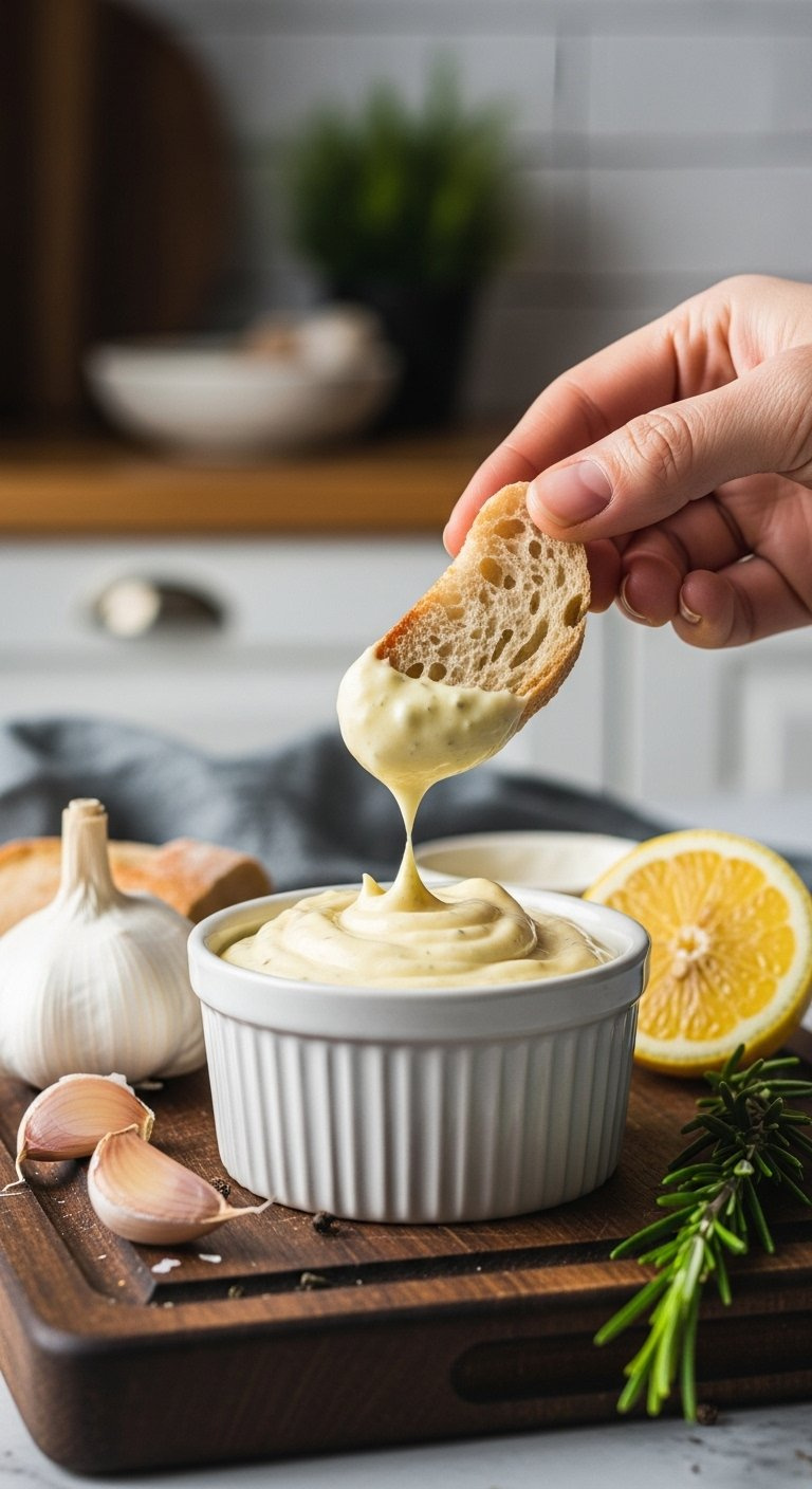 Smooth Pale Yellow Homemade Garlic Aioli In A Ceramic Ramekin With Dipped Bread.