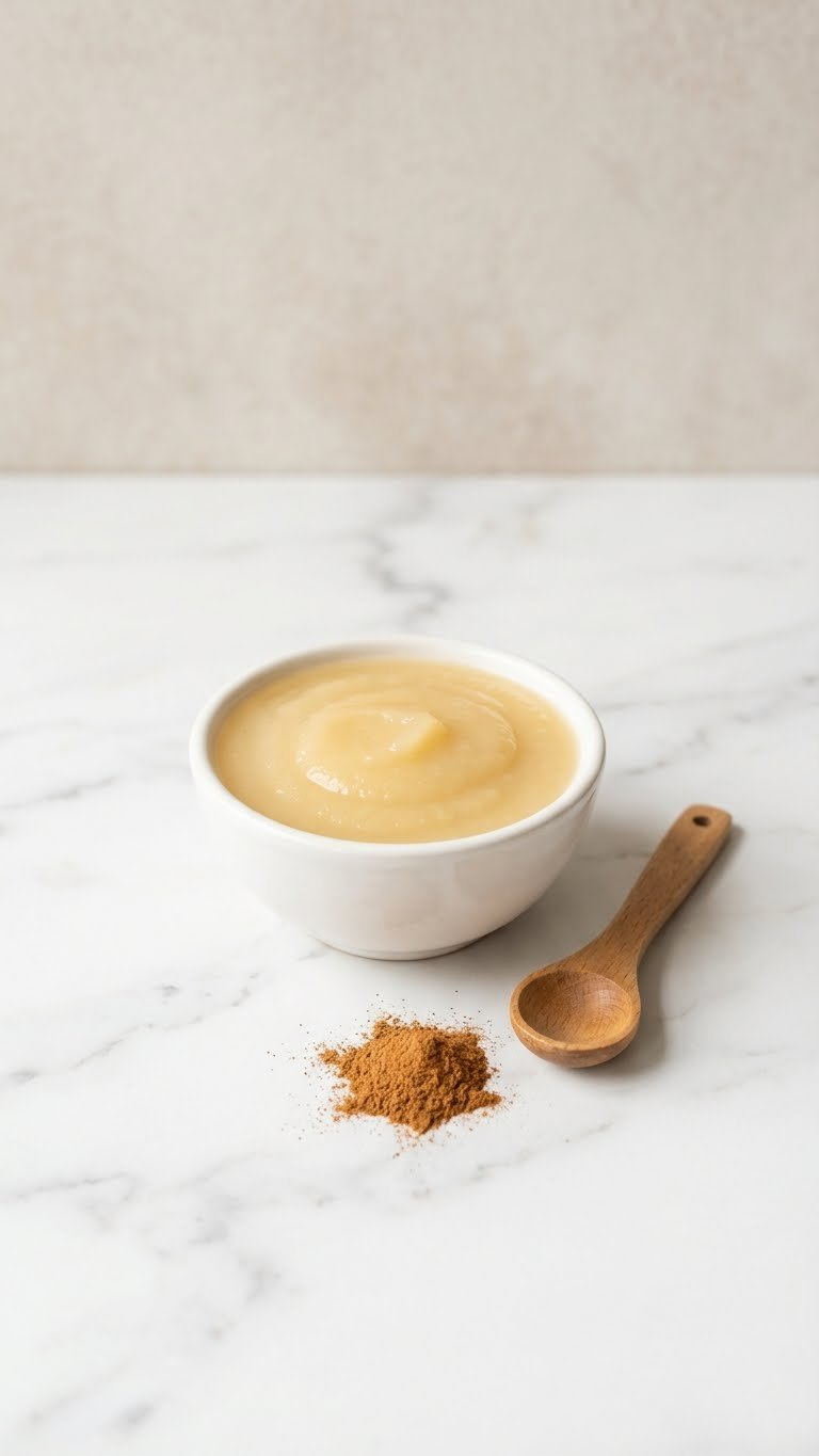 Smooth Pale Yellow Unsweetened Applesauce In A White Bowl With Cinnamon And Spoon On Marble, Perfect For Baking.
