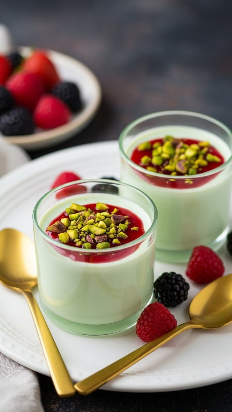Smooth Pistachio Panna Cotta With Raspberry Drizzle, Chopped Pistachios On White Plate, Elegant Gold Spoons, Window Light.