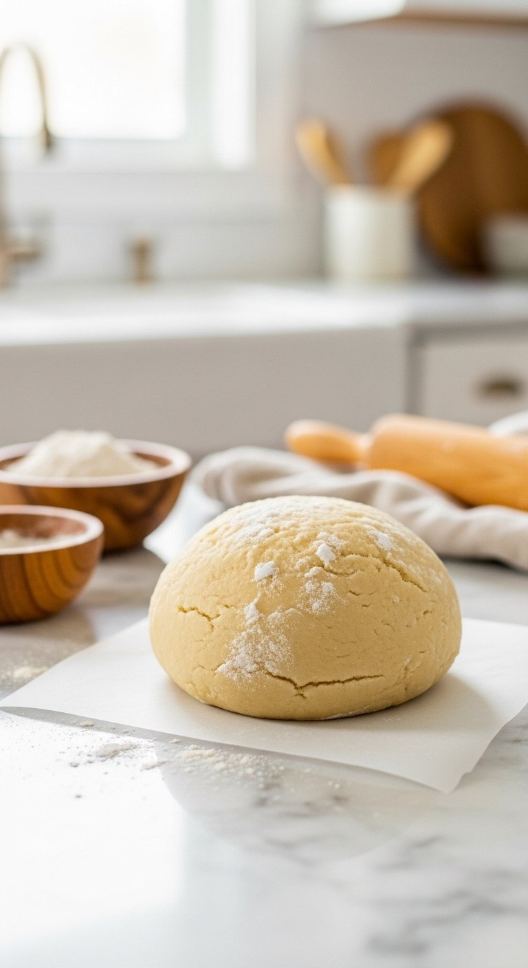 Smooth Pliable Sugar Cookie Dough Balls Dusted With Flour Resting On Parchment Paper Over A Marble Countertop.