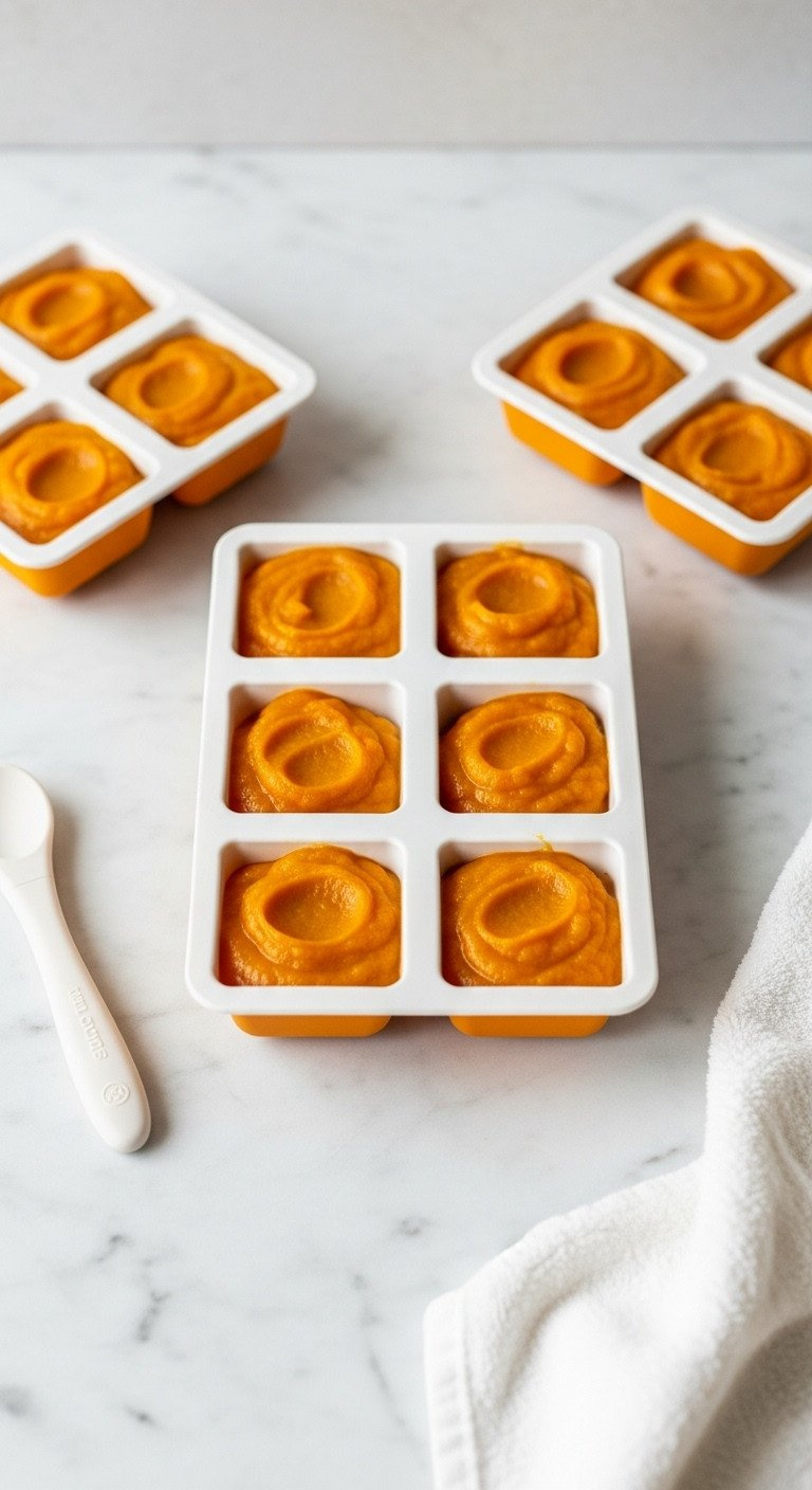 Smooth Pumpkin Puree Baby Food In Silicone Trays, Vibrant Orange, Organized Portions, Healthy Homemade Baby Meal.