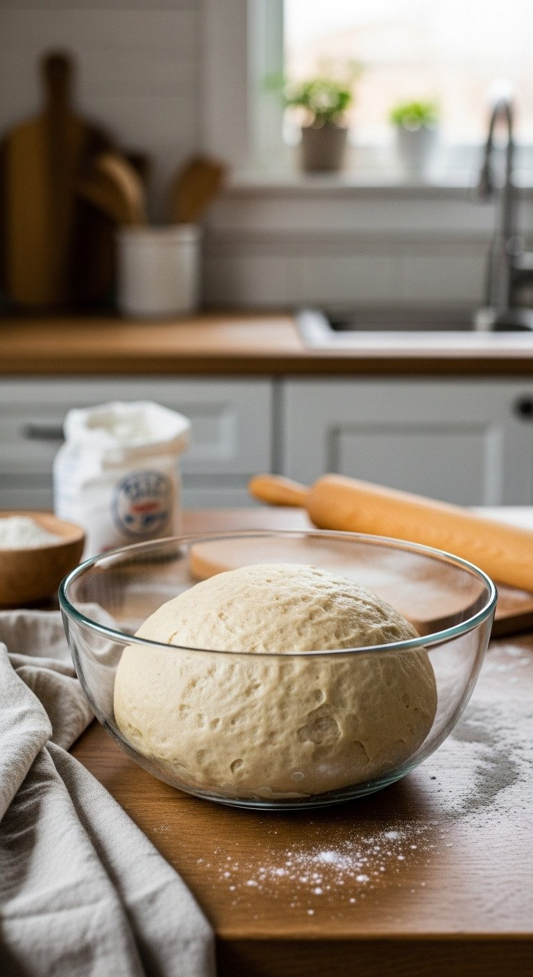 Smooth, Risen Dinner Roll Dough In A Glass Bowl On A Rustic Wooden Table, Cozy Kitchen Setting, Natural Light, Ready For Baking.