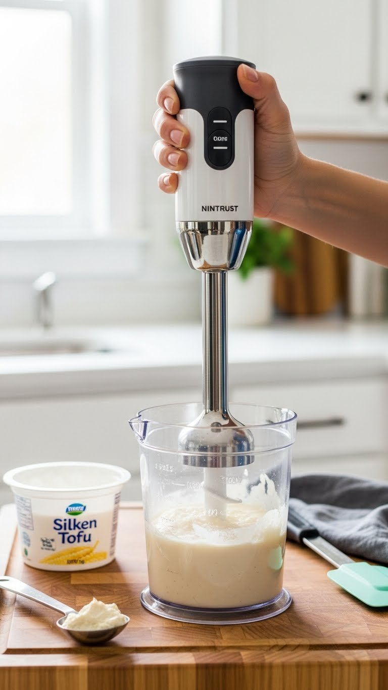 Smooth Silken Tofu Puree Blending In An Immersion Blender Cup On A Wooden Board, Adding Richness To Baking Batters.