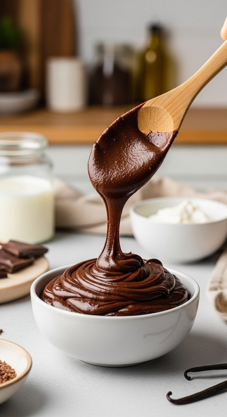 Smooth, Thick Dark Chocolate Ganache In Ceramic Bowl, Dripping Wooden Spoon. Chocolate Shavings, Cream, Vanilla.