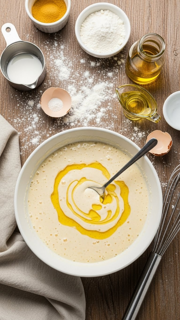 Smooth, Thick Pancake Batter With Neutral Oil Swirled In, Demonstrating Ideal Viscoelasticity For Vegan Egg Substitute.