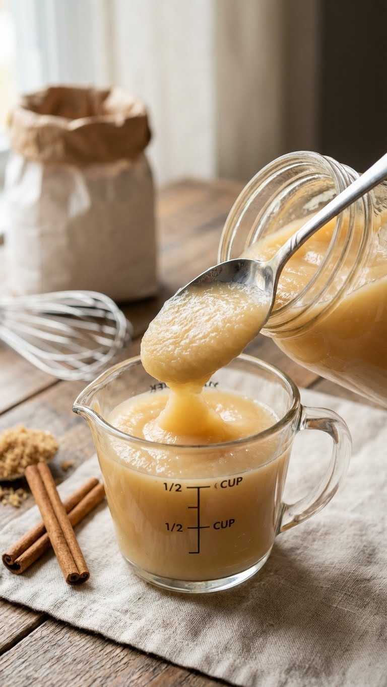 Smooth Unsweetened Applesauce Being Scooped Into A Glass Measuring Cup On Rustic Wood, With Cinnamon Sticks For Baking.