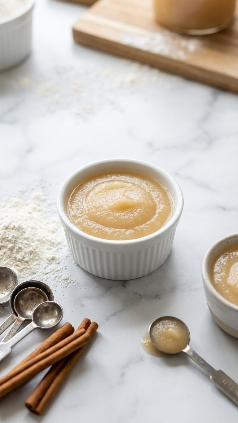 Smooth Unsweetened Applesauce In A White Ramekin On A Marble Counter With Flour And Cinnamon, Ideal For Healthy Baking.