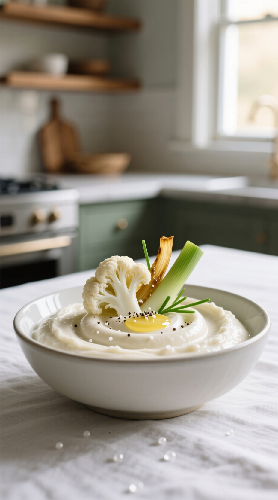 Smooth, Velvety White Cauliflower And Leek Puree With A Swirl, Garnished With Sautéed Leeks And Chives In A Neutral Bowl.