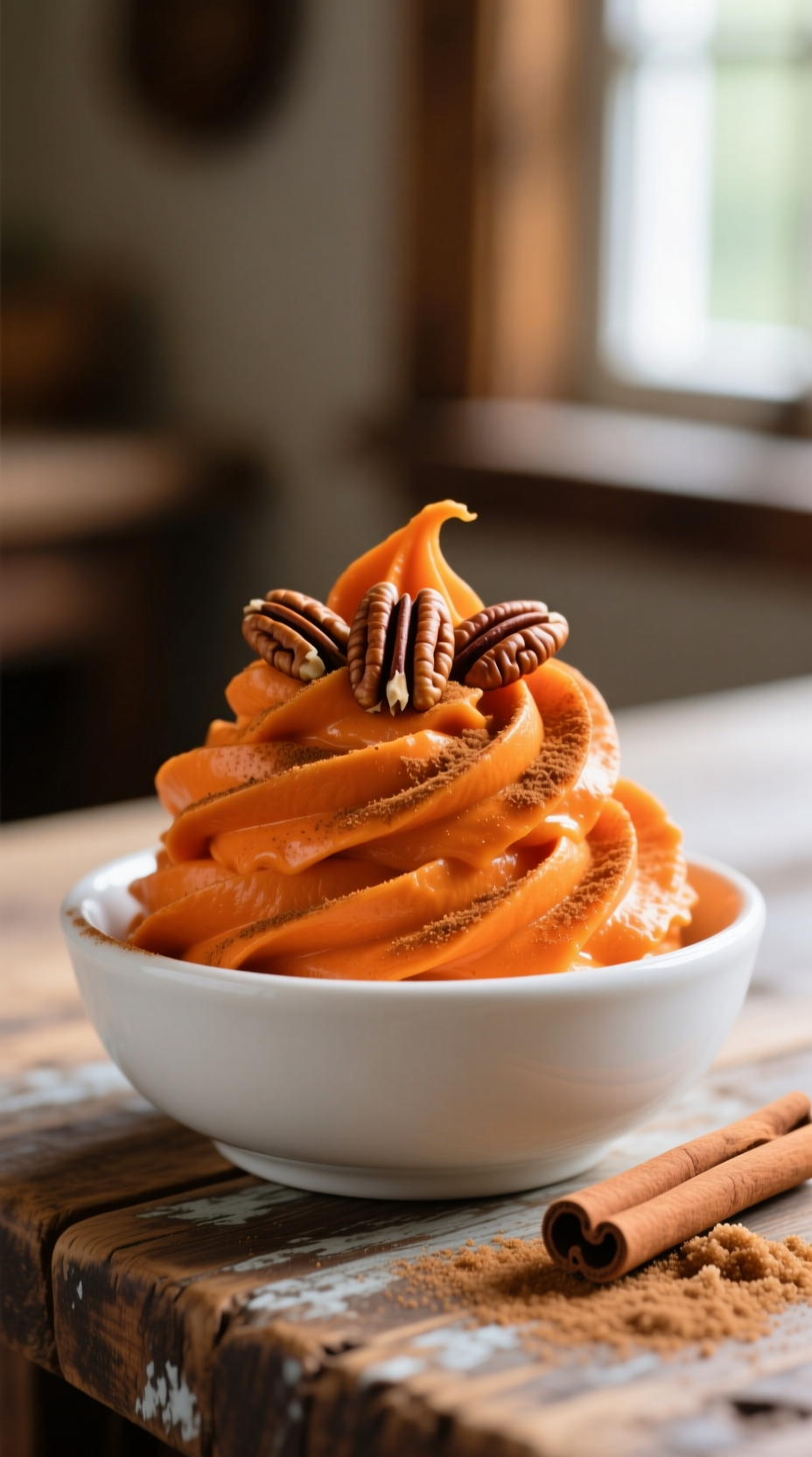 Smooth, Vibrant Whipped Sweet Potatoes With Pecans And Cinnamon, Showing A Creamy Swirl In A White Ceramic Bowl.