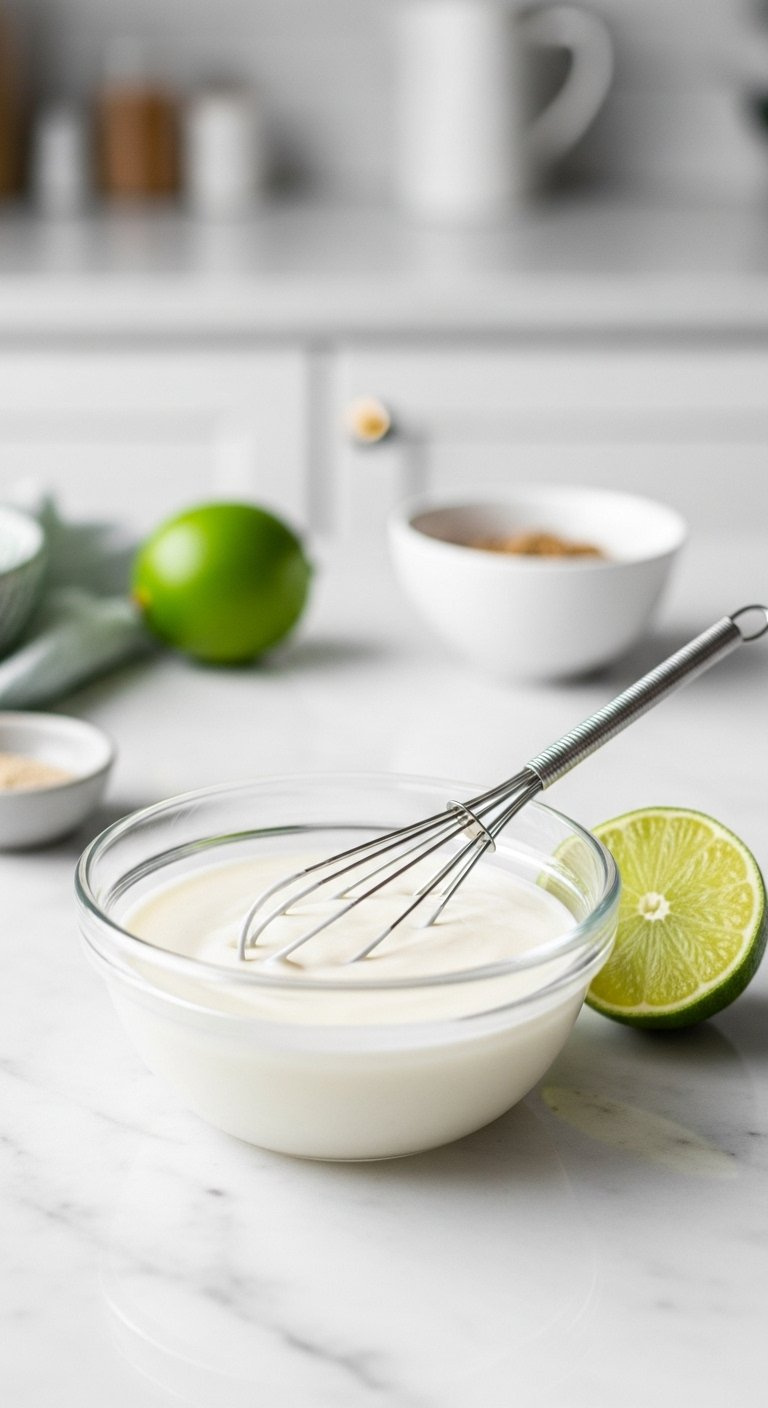 Smooth White Lime Crema In A Glass Bowl With A Whisk And Halved Lime On Marble.