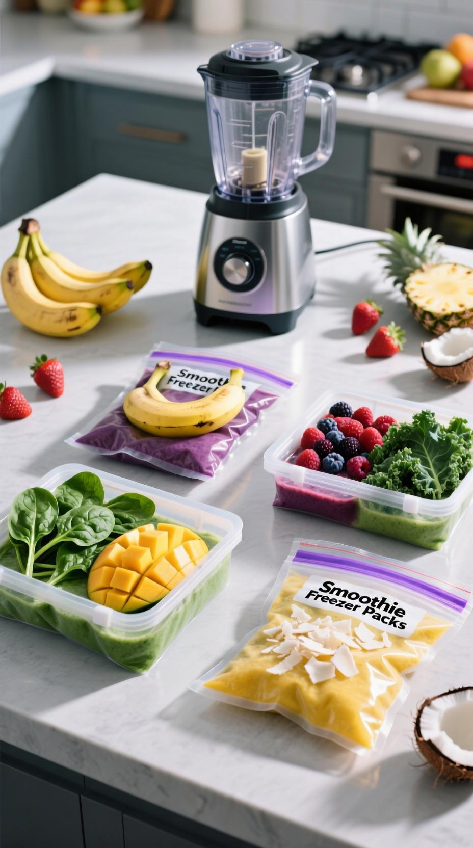 Smoothie Freezer Packs With Spinach Banana Mango Berries Kale Pineapple Coconut On A Light Grey Countertop With A Blender And Scattered Fruits