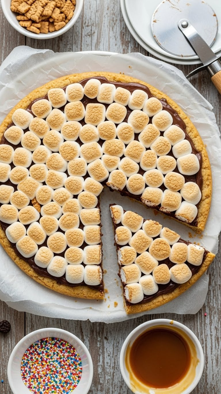 S'mores Dessert Pizza: Circular, Melted Chocolate, Golden Toasted Mini Marshmallows. Slice Shows Gooey Layers On Rustic Wood.