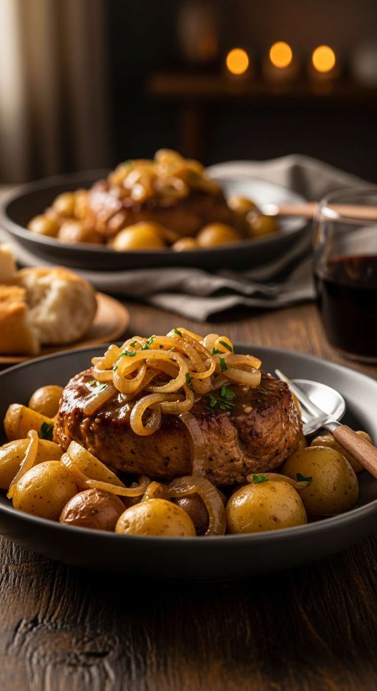 Smothered Pork Chop With Onions, Baby Potatoes, And Gravy In A Deep Bowl With Crusty Bread And Red Wine On A Dark Wood Table