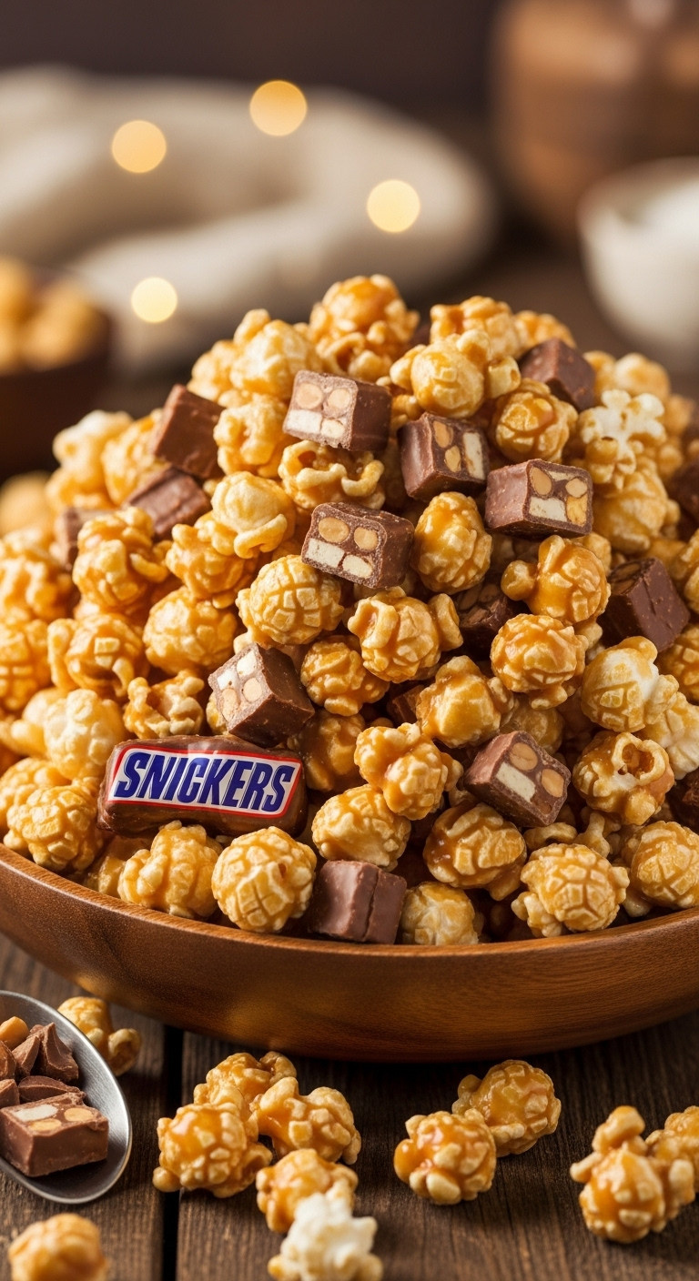 Snickers Caramel Popcorn Mix In A Rustic Bowl, Coated In Glossy Caramel, With Visible Snickers Candy Chunks.