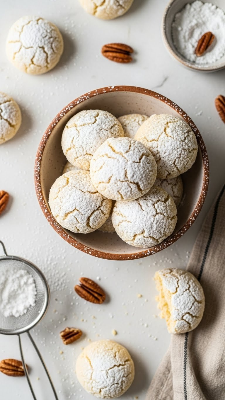 Snow-Dusted Mexican Wedding Cookies (Polvorones) With Powdered Sugar, Piled In A Rustic Ceramic Bowl On Marble With Pecans.