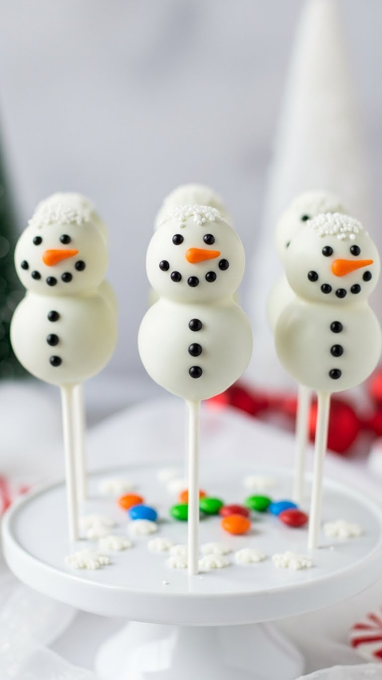 Snowman Cake Pops Decorated With Candy Eyes And Carrot Noses Arranged Upright In A Festive White Cake Pop Stand