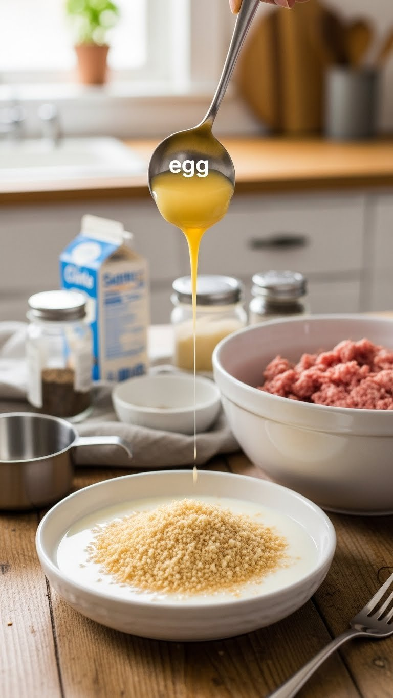 Soaked Panko Breadcrumbs In Milk In A White Dish, Next To Raw Meatloaf Mixture On A Rustic Wooden Table. Warm Creams, Golden Browns.