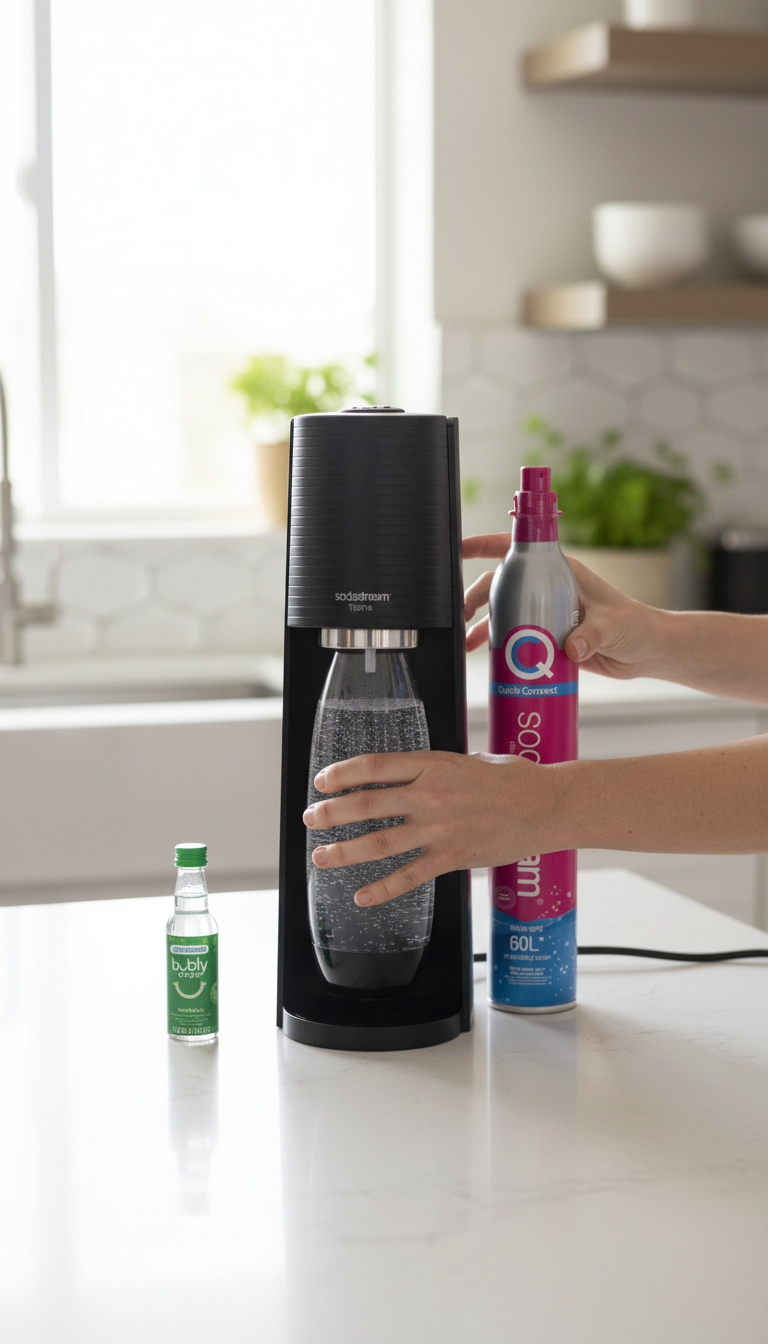 An Image Showing The Sodastream Terra On A Kitchen Counter Next To A Glass Of Sparkling Water.
