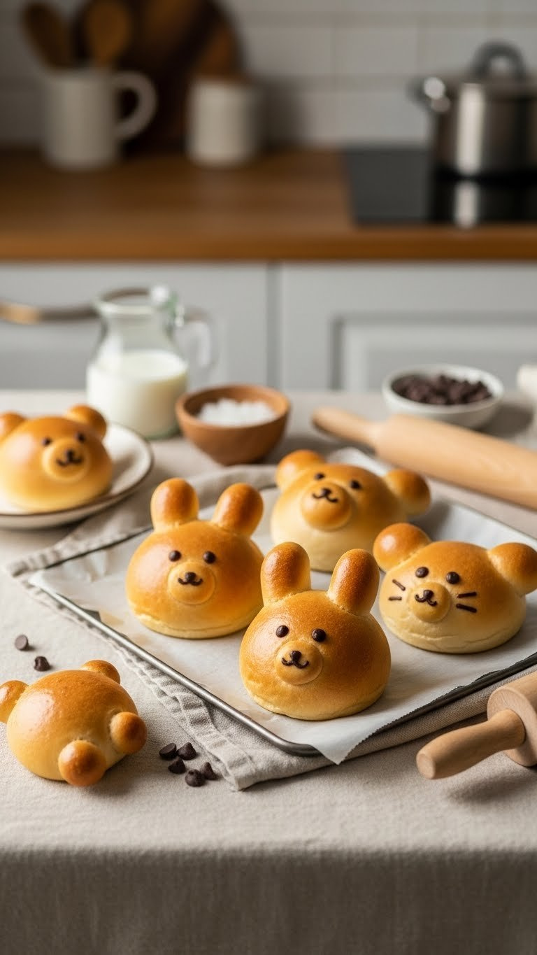 Soft Hokkaido Milk Bread Animal Buns With Chocolate Chip Faces On Linen-Lined Baking Sheet In Golden Hour Light