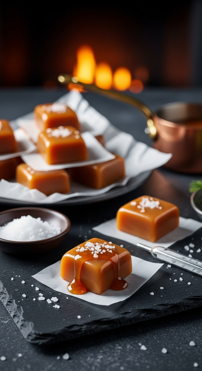 Soft And Chewy Sea Salt Caramels Wrapped And Unwrapped On A Dark Slate Board