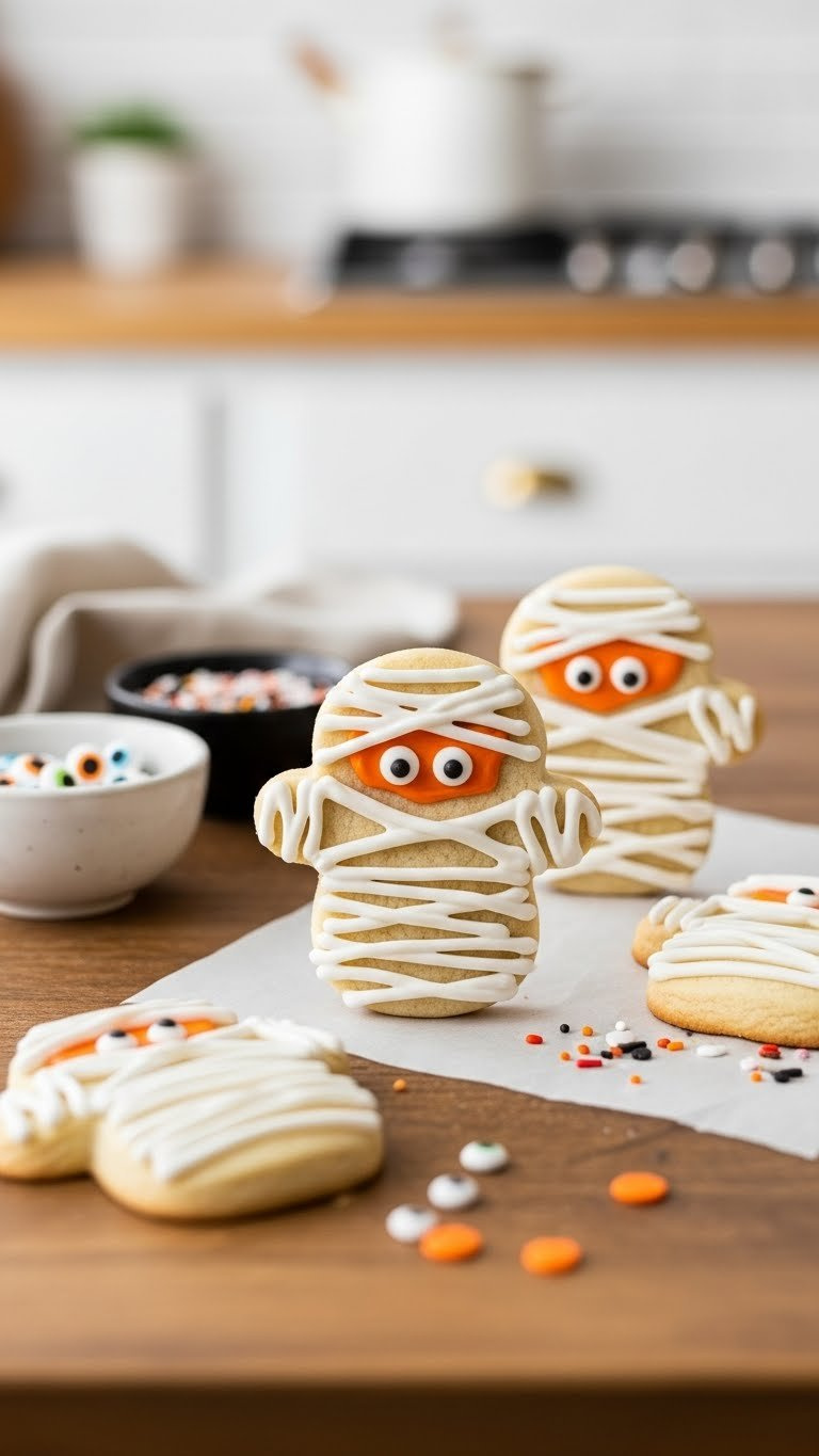 Soft-Baked Mummy Sugar Cookies With White Royal Icing Bandages And Orange Frosting On Rustic Wooden Table With Halloween Sprinkles