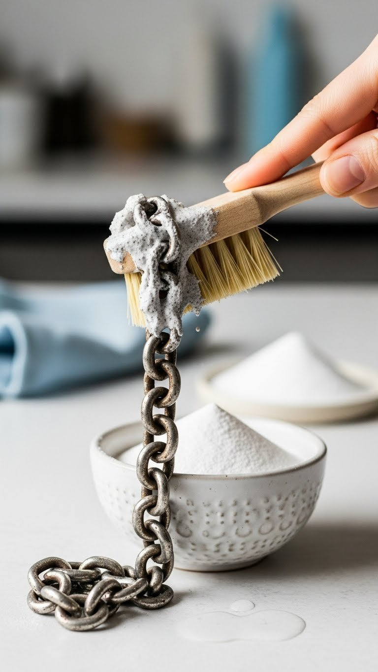 Soft-Bristled Brush Scrubbing Heavily Tarnished Silver Chain With Baking Soda Paste In Textured Ceramic Bowl