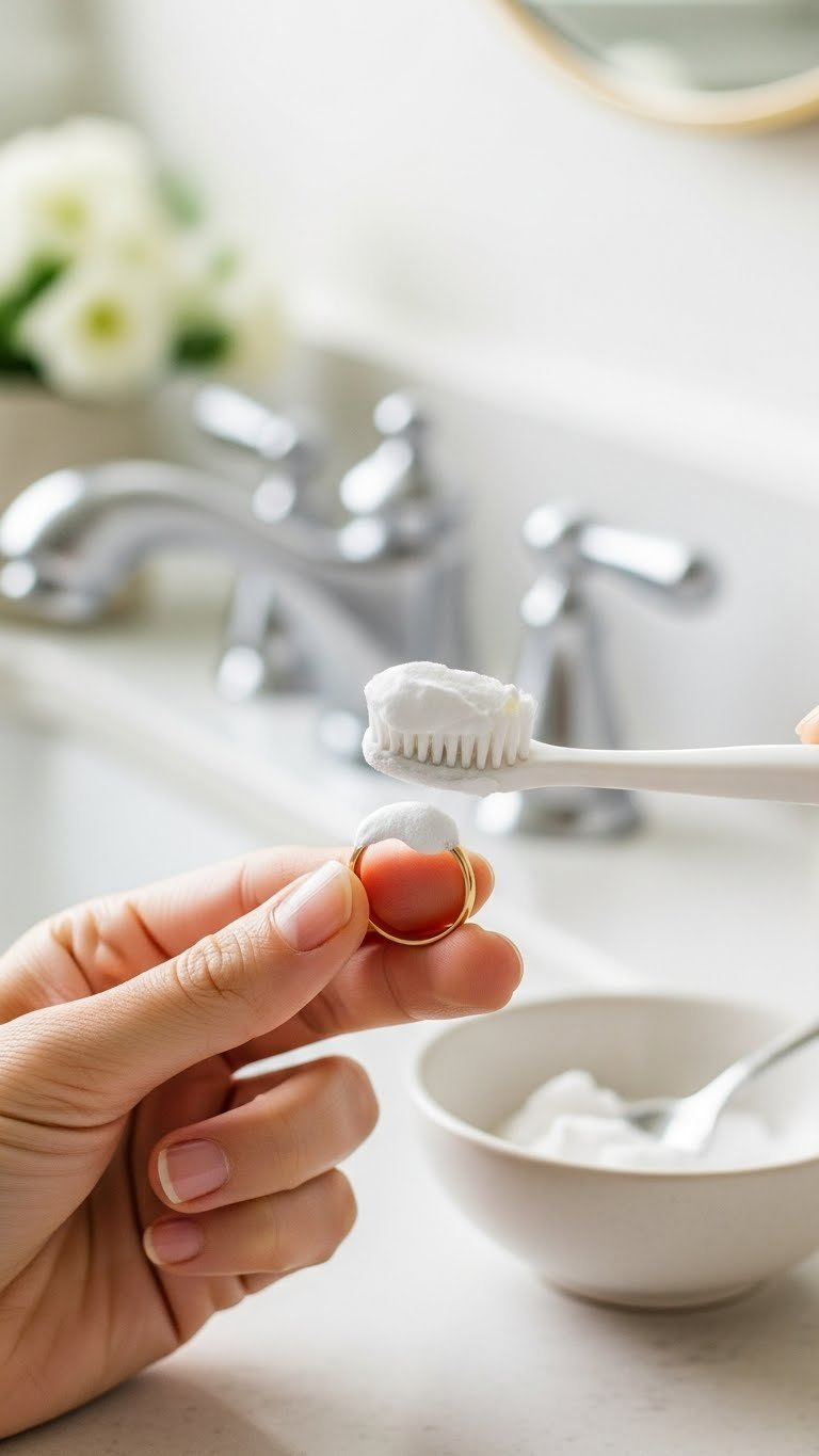 Soft-Bristled Toothbrush Applying Baking Soda Paste To 14K Gold Wedding Band On Ceramic Dish With Natural Window Light