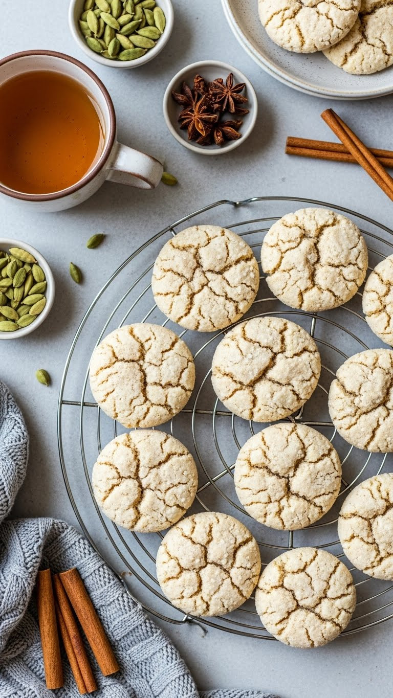 Soft Chai Spiced Sugar Cookies On A Cooling Rack With Tea And Spices