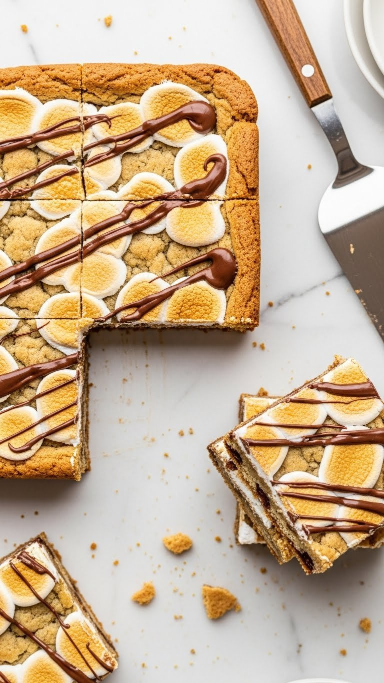Soft Chewy S'mores Cookie Bars With Golden Crust, Gooey Chocolate, And Toasted Marshmallow Layers On A Marble Counter.