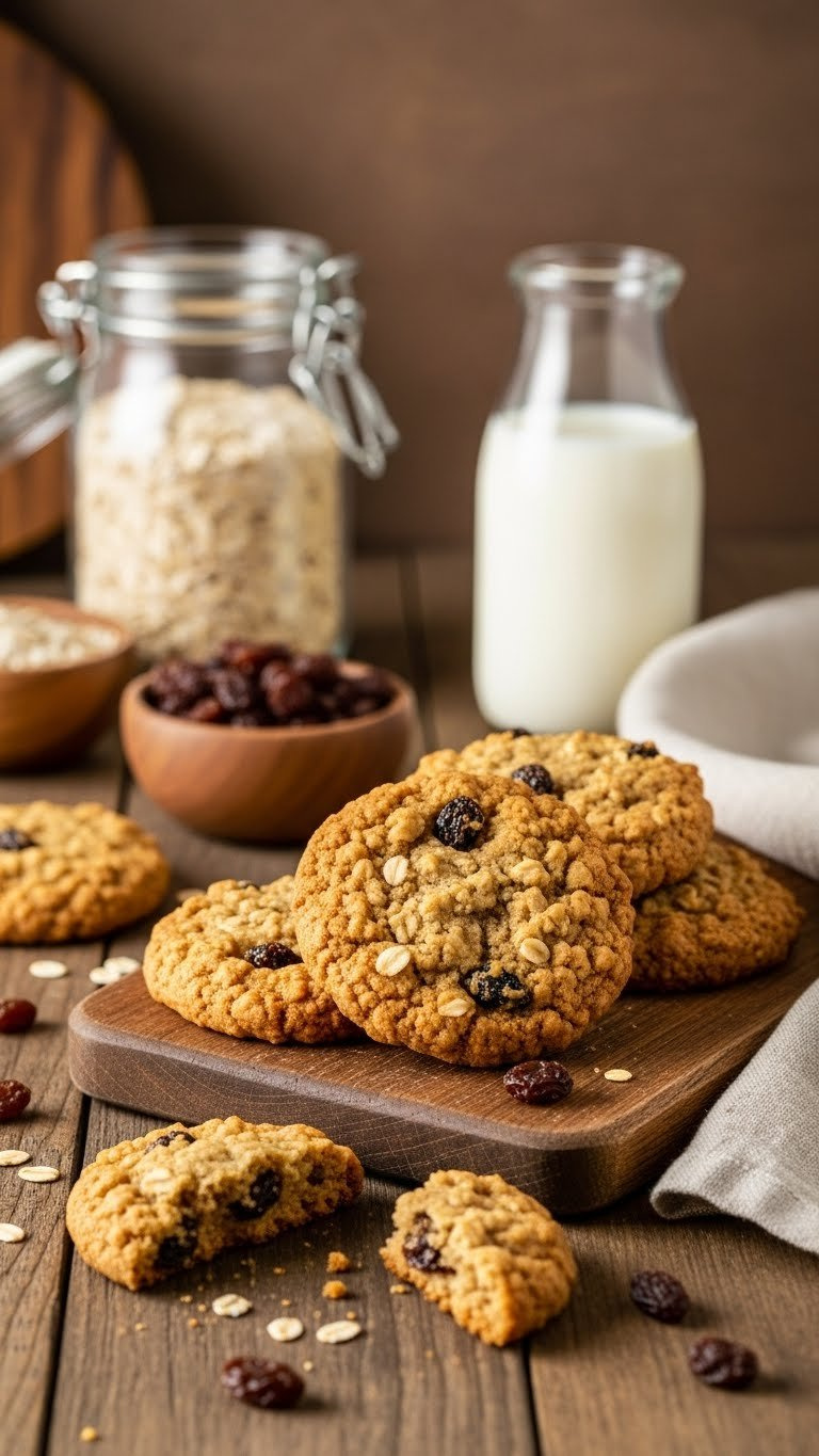 Soft Chewy Oatmeal Raisin Cookies With Plump Raisins On Rustic Wooden Serving Board In Warm Golden Hour Light