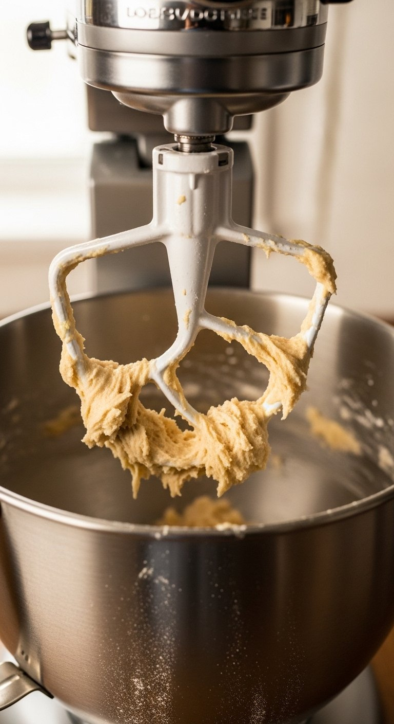 Soft Cookie Dough In Stand Mixer Bowl With Paddle Attachment Lifted And Flour Streaks.