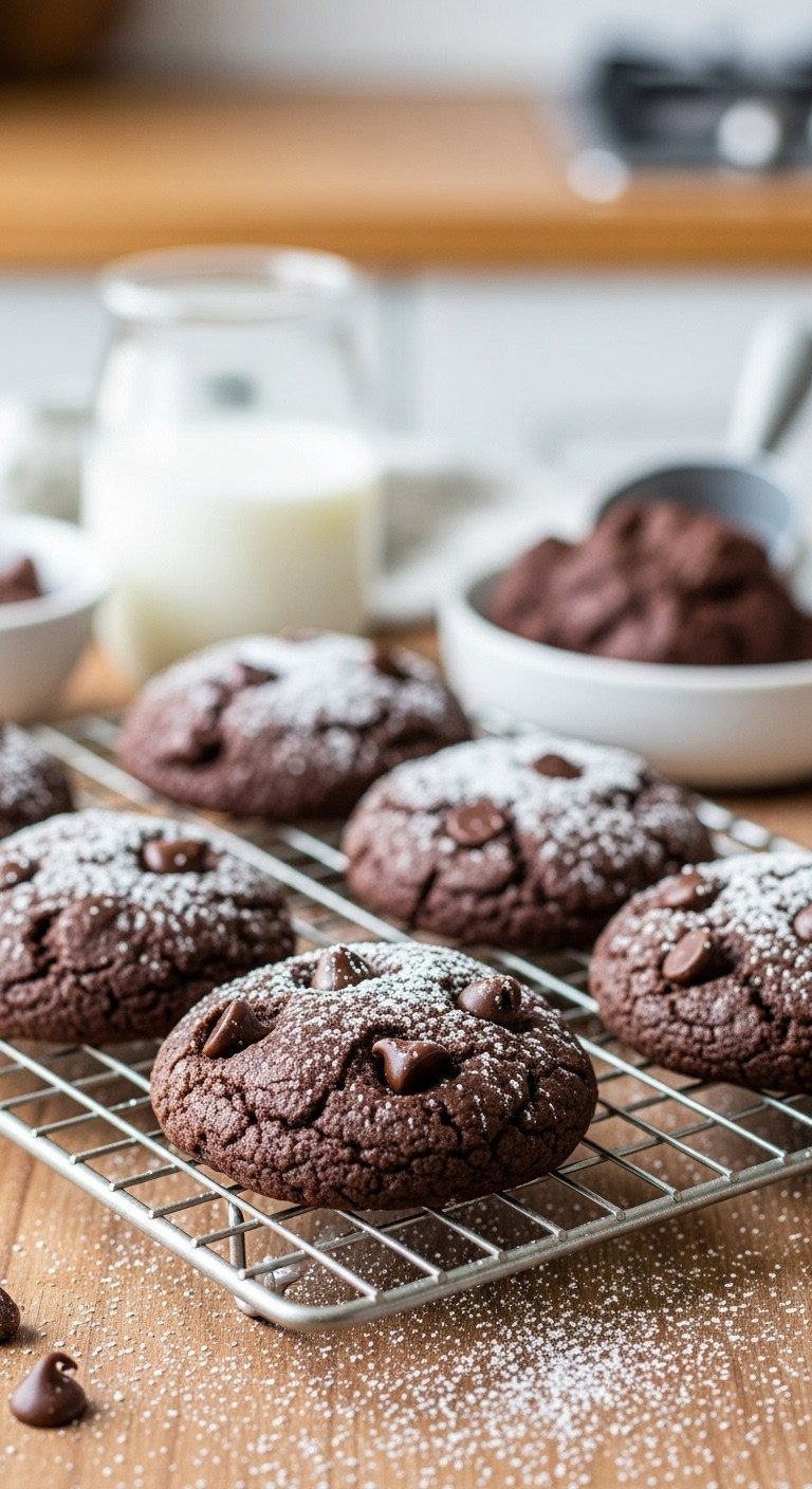 Soft Double Chocolate Pudding Cookies, Chocolate Chips, Sugar Dust On Cooling Rack. Homey, Inviting Dessert.