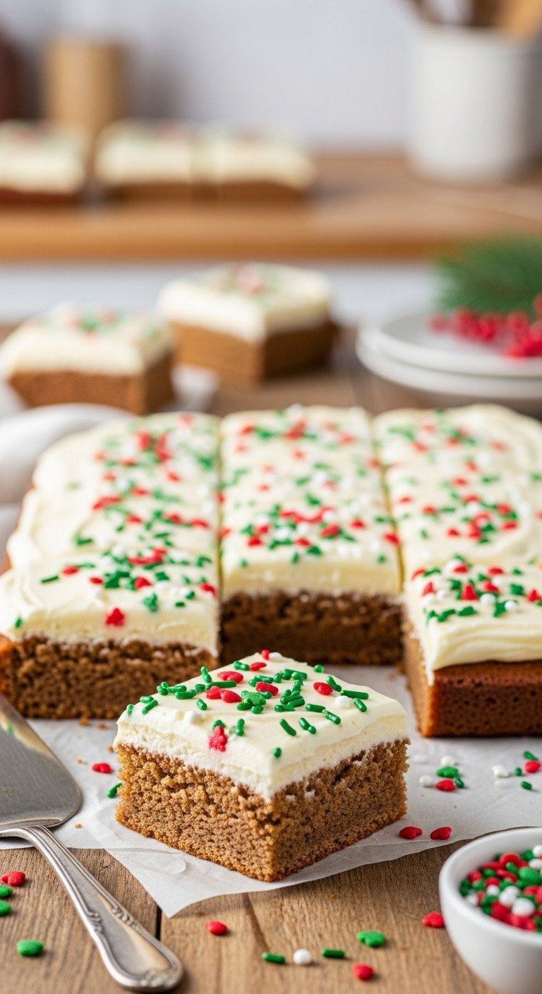 Soft Gingerbread Bars With Thick Cream Cheese Frosting And Festive Sprinkles, Cut Into Squares On A Rustic Wooden Table.