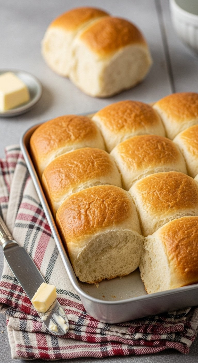 Soft Golden Amish Dinner Rolls In Baking Pan, One Separated. Pillowy, Fresh-Baked With Butter On A Plaid Towel.
