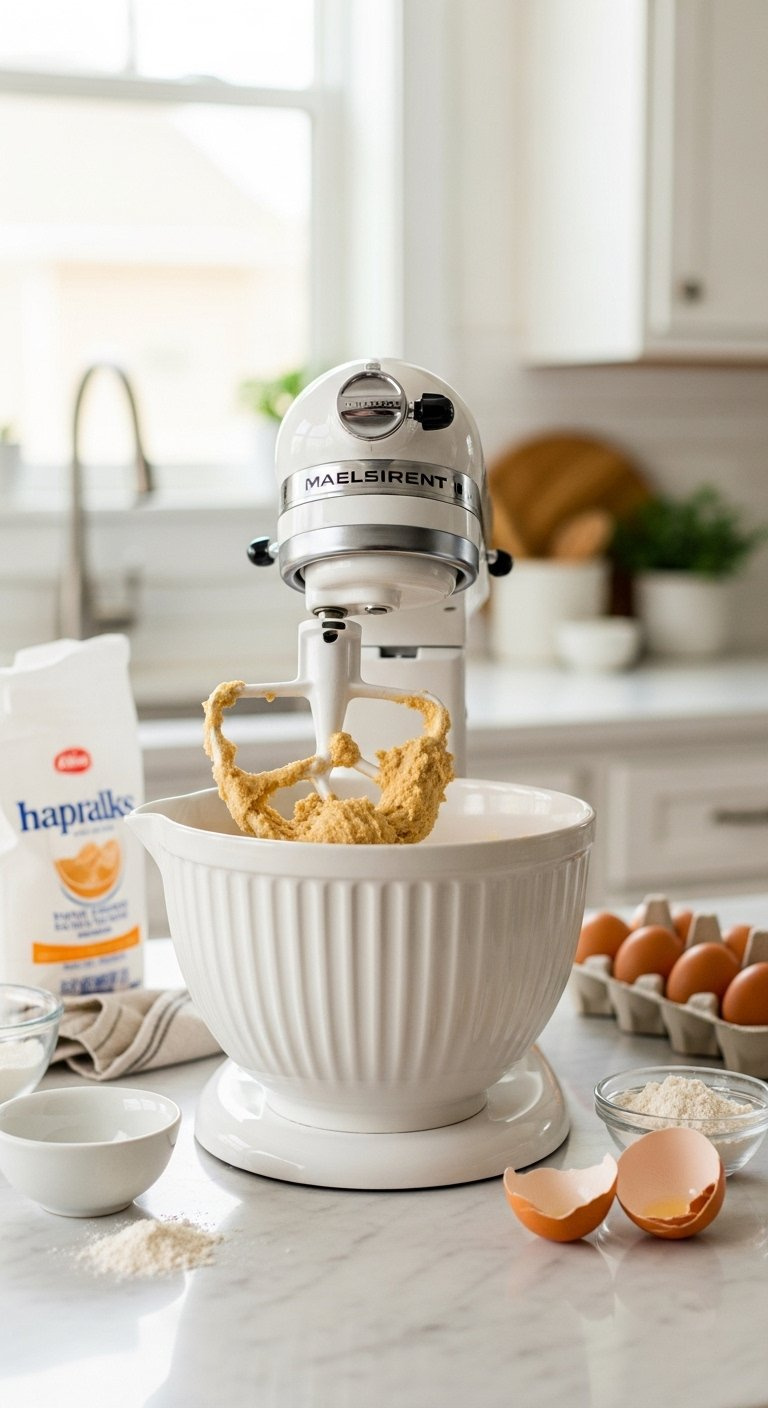 Soft Light-Brown Cookie Dough Mixes In A White Stand Mixer Bowl On A Marble Countertop With Blurred Kitchen Background Elements.
