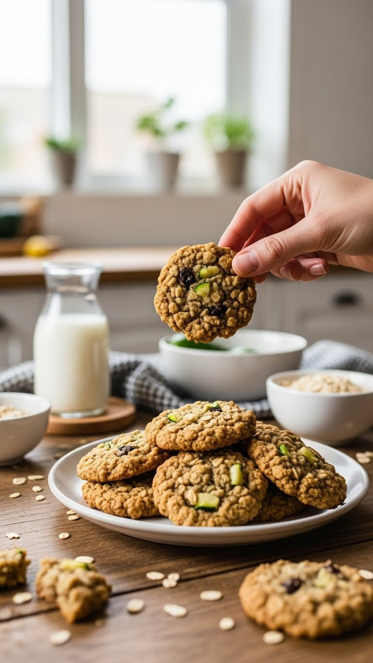 Soft Low-Calorie Zucchini Oatmeal Cookies With Oats Visible On Rustic Wooden Table