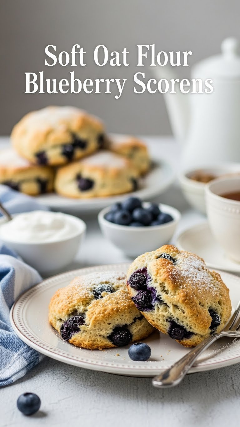 Soft Oat Flour Blueberry Scones Bursting With Juicy Blueberries On Vintage Ceramic Plate With Tea Setting.