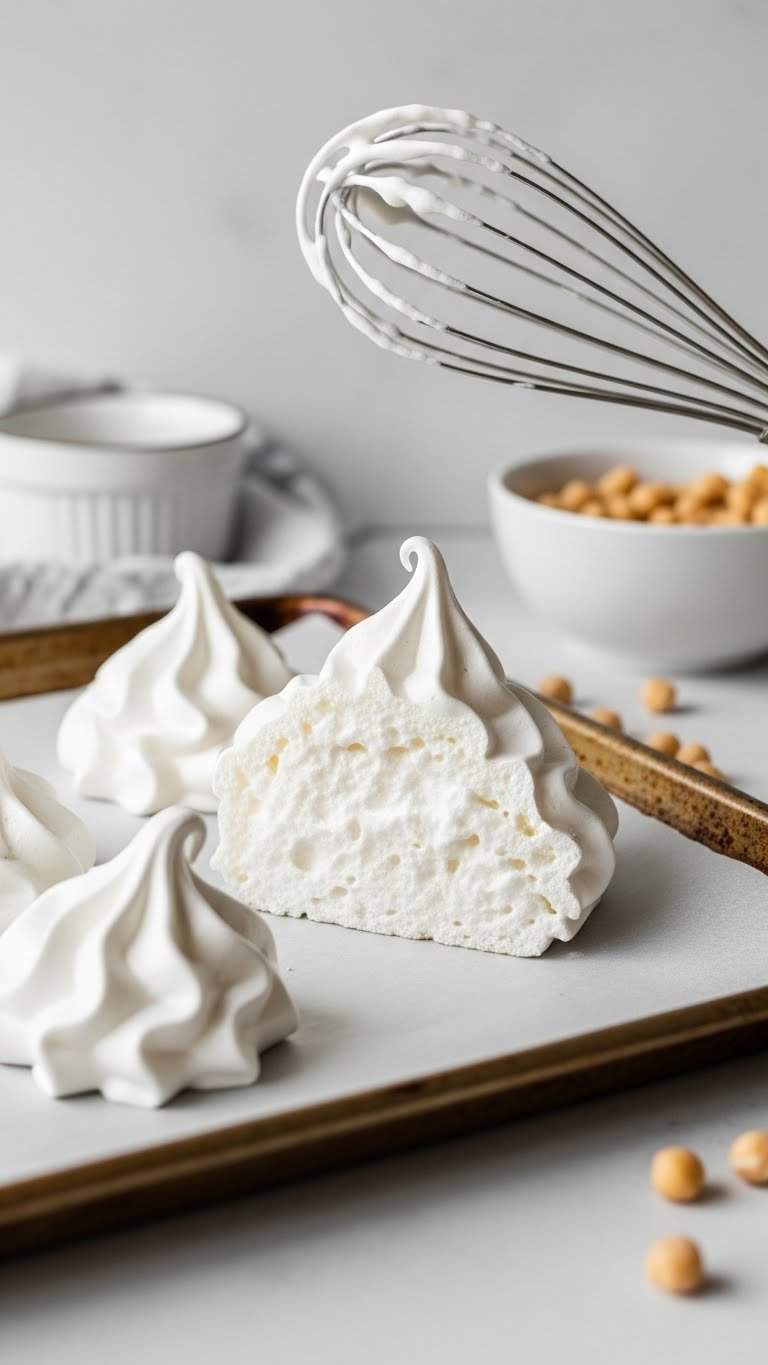 Soft-Peaked Vegan Meringue Made From Aquafaba On Parchment Paper, With Whisk And Chickpeas. Bright, Airy Egg White Replacer.