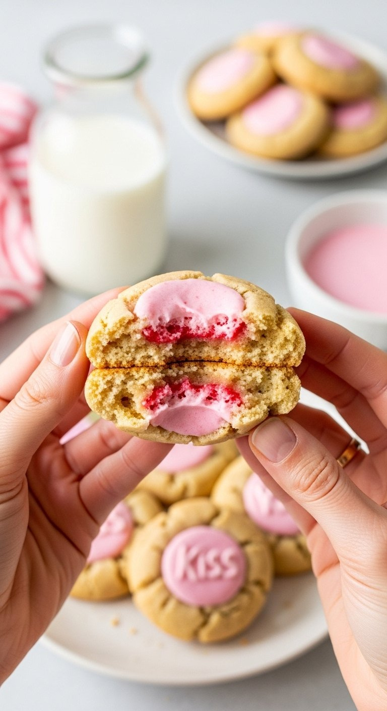 Soft Pink Strawberry Kiss Cookie Broken In Half Showing Chewy Texture.