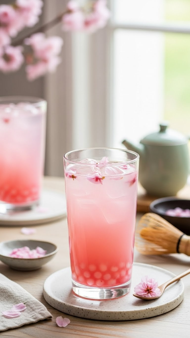 Soft Pink Sakura Boba Tea With Edible Cherry Blossom Petals And Translucent Pearls On Light Wood