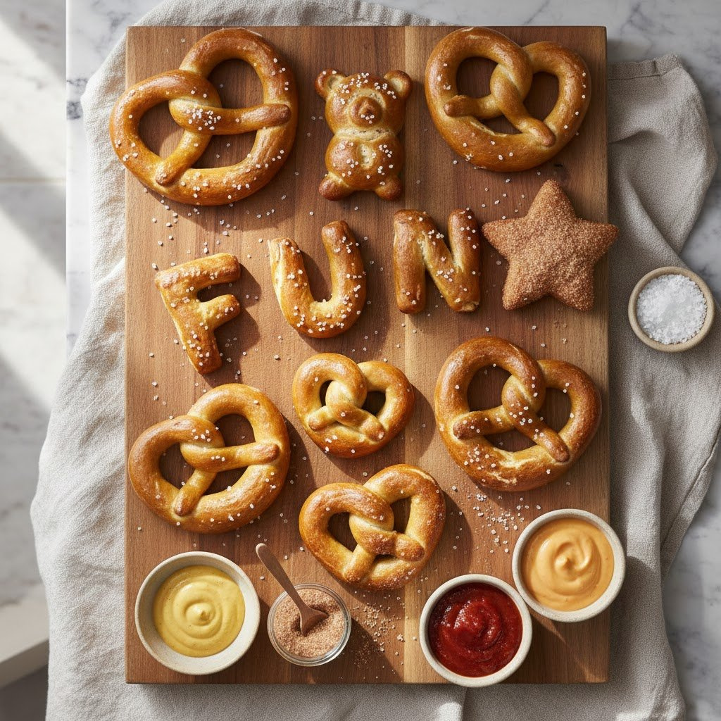 Soft Pretzels Twisted Into Whimsical Shapes Arranged On Wooden Board With Dipping Sauces.