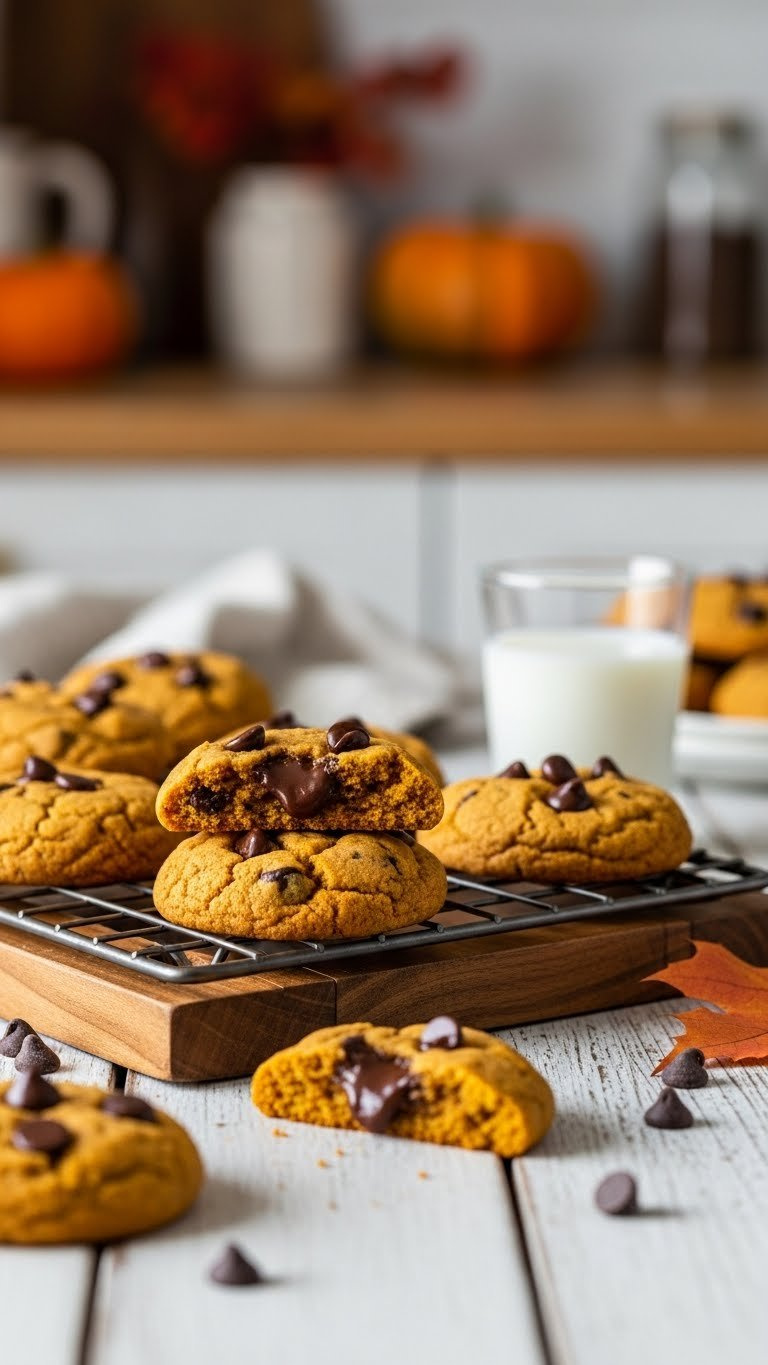Soft Pumpkin Chocolate Chip Cookies With Melty Chips On Wooden Cooling Rack