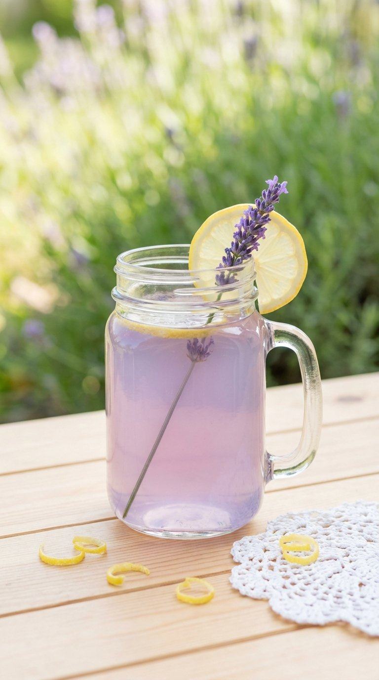 Soft Purple Lavender Lemonade In Glass Jar With Fresh Lavender Sprig On Light Wooden Picnic Table