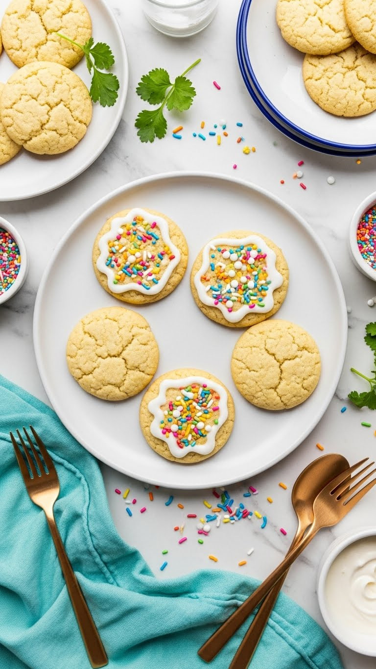 Soft Sugar Cookies With Icing On Marble Countertop Overhead View