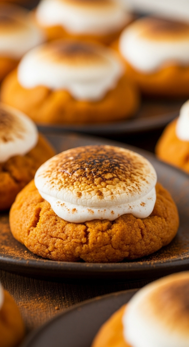Soft Sweet Potato Cookie With Toasted Gooey Marshmallow On Rustic Plate. Cinnamon, Warm Cozy Light. Thanksgiving Dessert.