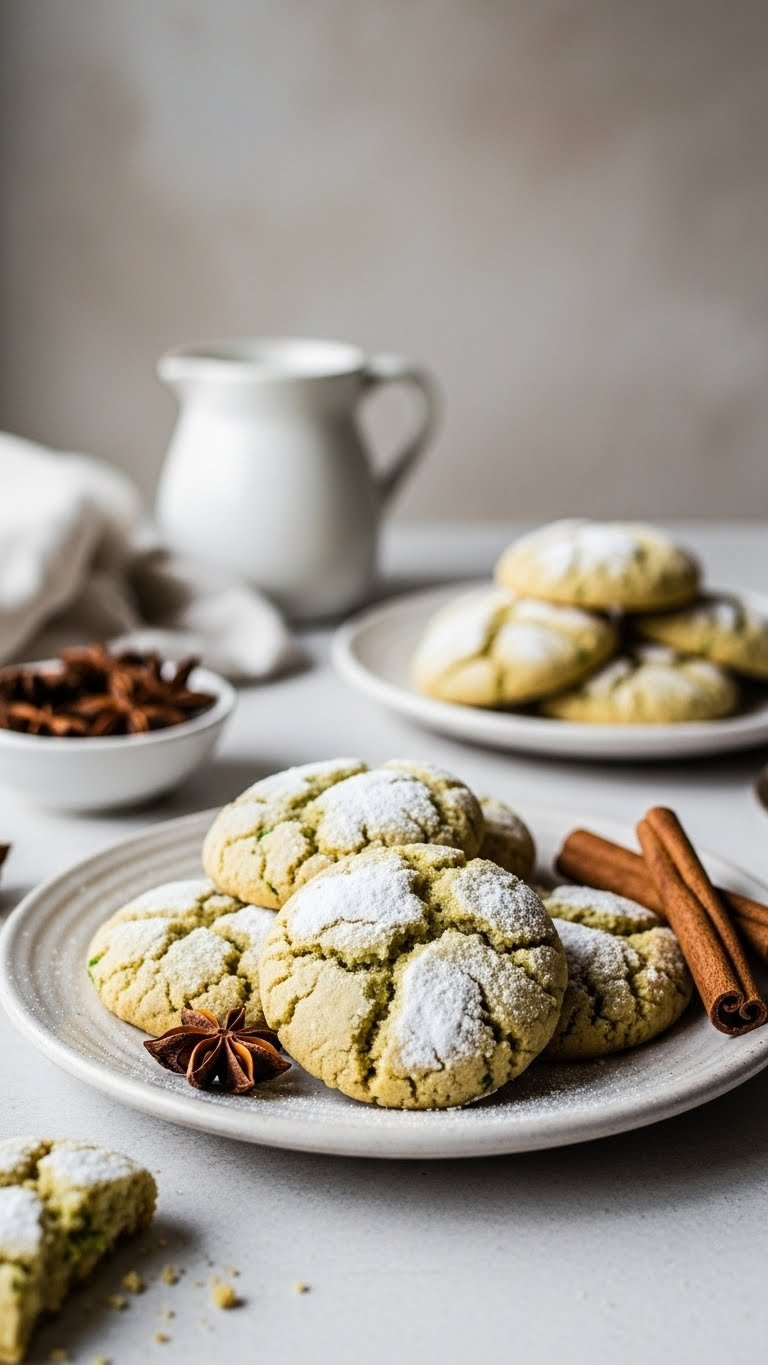 Soft Zucchini Spice Cookies Dusted With Powdered Sugar And Cinnamon Sticks On Vintage Ceramic Plate