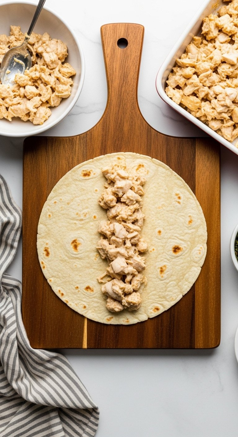 Softened Corn Tortilla On A Wooden Cutting Board Topped With Creamy Chicken Filling.