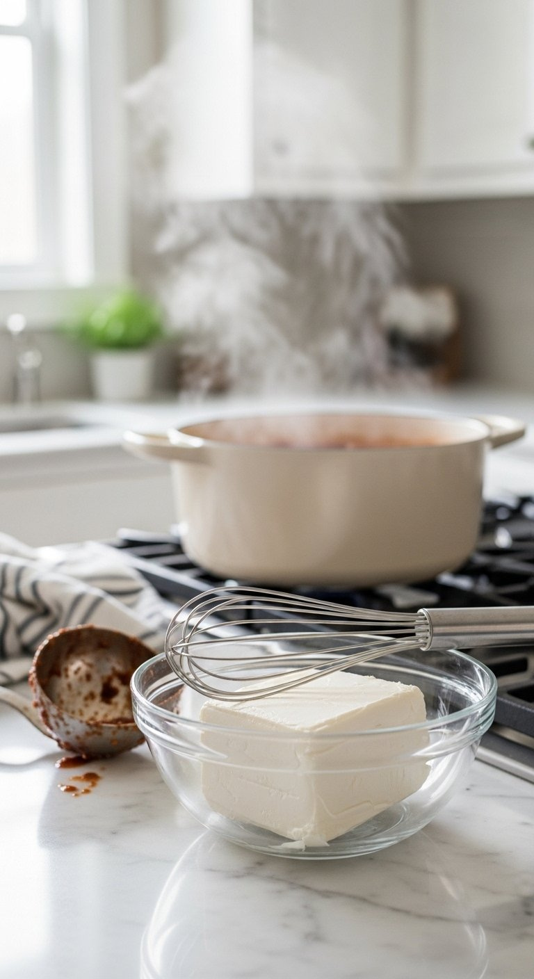 Softened Cream Cheese In A Glass Bowl With A Whisk Resting Nearby On A Marble Countertop.